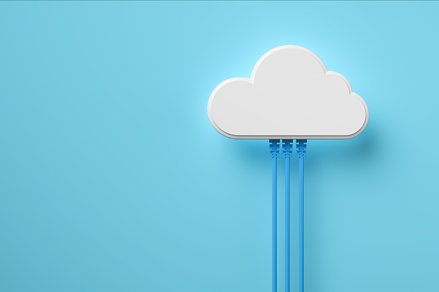 An image with a white cloud and a network cable connected, representing the concept of cloud computing technology. This 3D rendering showcases the integration of cloud technology with network infrastructure.